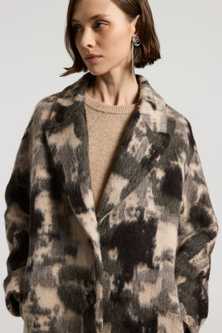 Camouflage midi coat in alpaca and jacquard wool