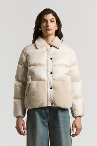 Short down jacket with shearling inserts