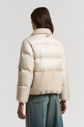 Short down jacket with shearling inserts