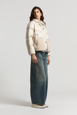 Short down jacket with shearling inserts