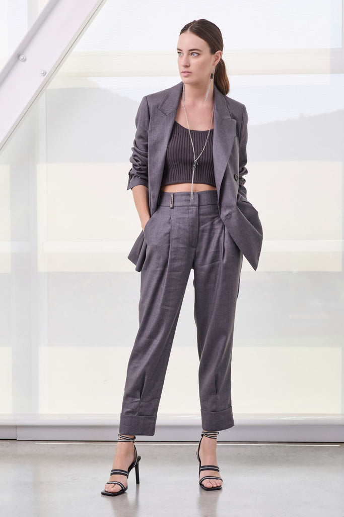 Relaxed 1 pleat trousers in slubbed wool and linen blend  