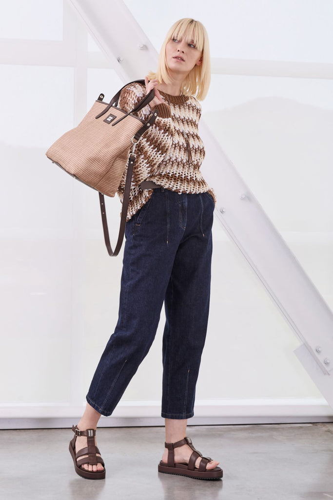 Loose sweater in Airy Stripes macro mesh in pure cotton yarn and sparkling sequins  