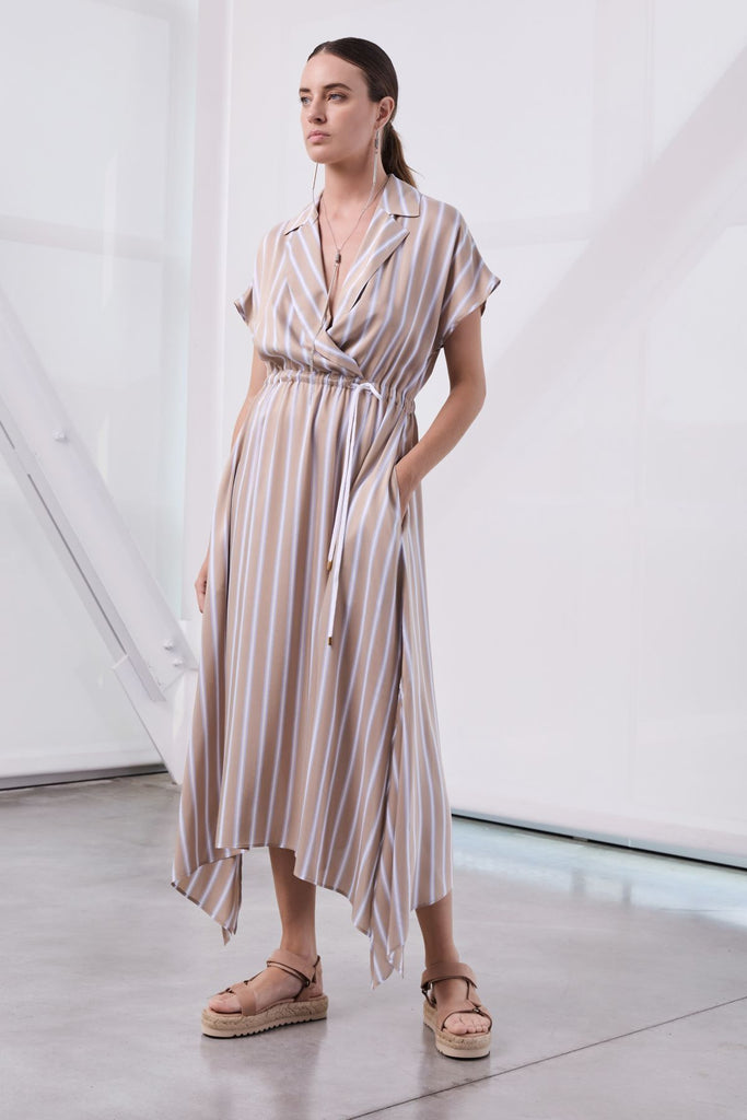 Long dress with wide lapel collar in fluid striped viscose and silk voile  