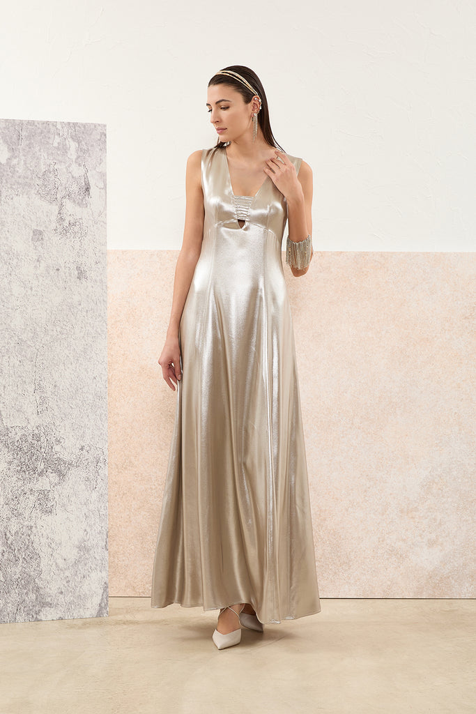 Long dress in silver laminated twill  