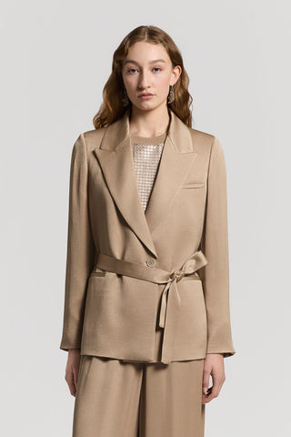Hammered viscose satin blazer with belt