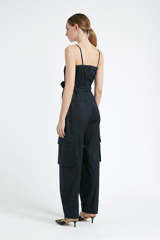 Cargo jumpsuit with twisted cotton shoulder straps  