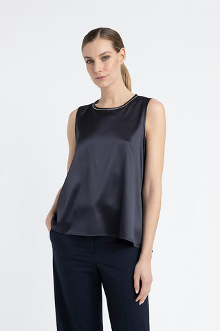 Round-neck top in shiny silk satin  