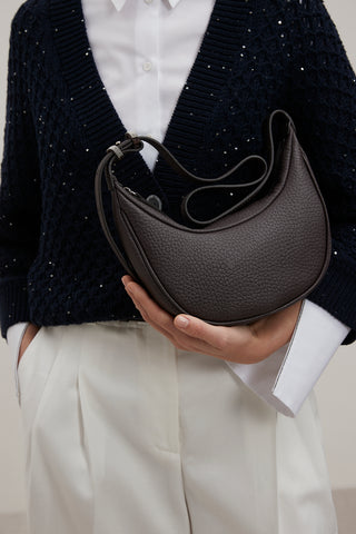 Genuine grainy leather shoulder moon bag