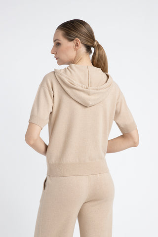 Short-sleeved hooded sweater in a wool, silk and cashmere blend  