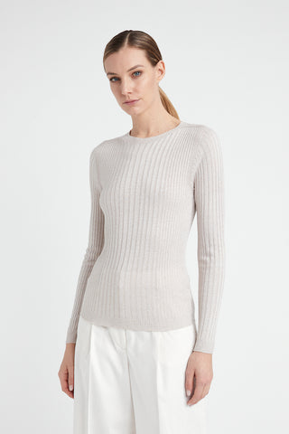 Ribbed high neck sweater in viscose yarn and Lurex  