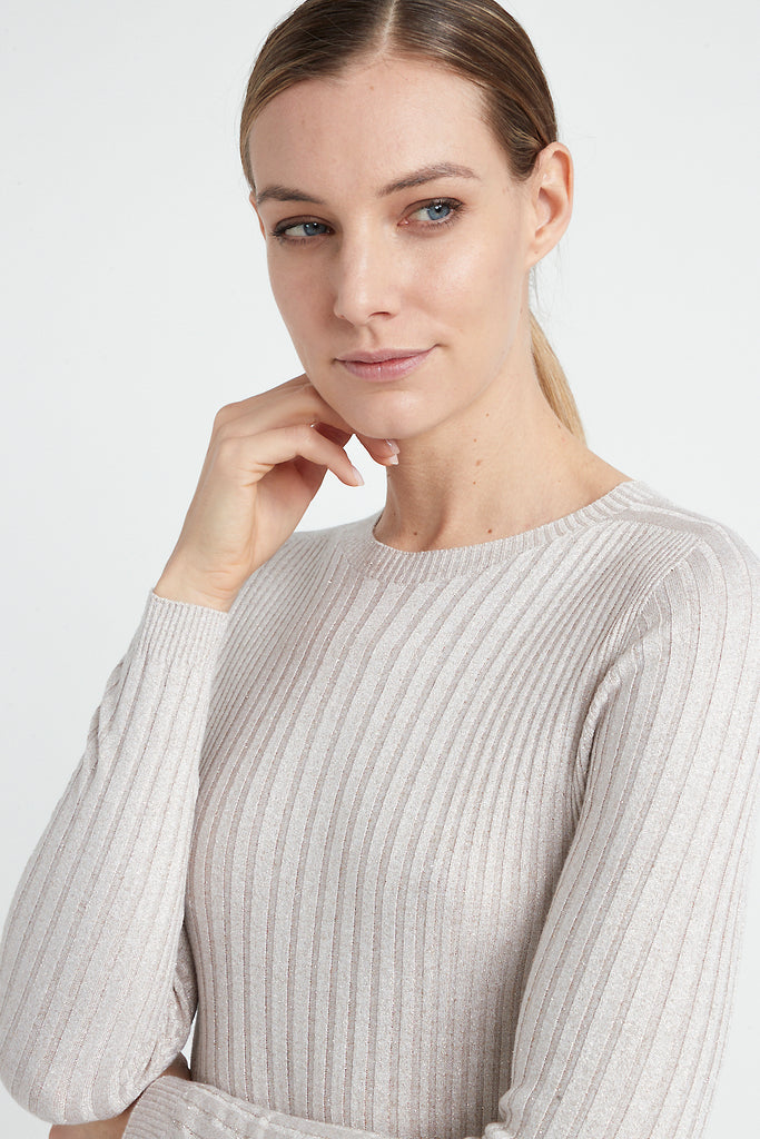 Ribbed high neck sweater in viscose yarn and Lurex  