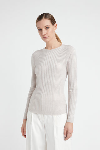 Ribbed high neck sweater in viscose yarn and Lurex  