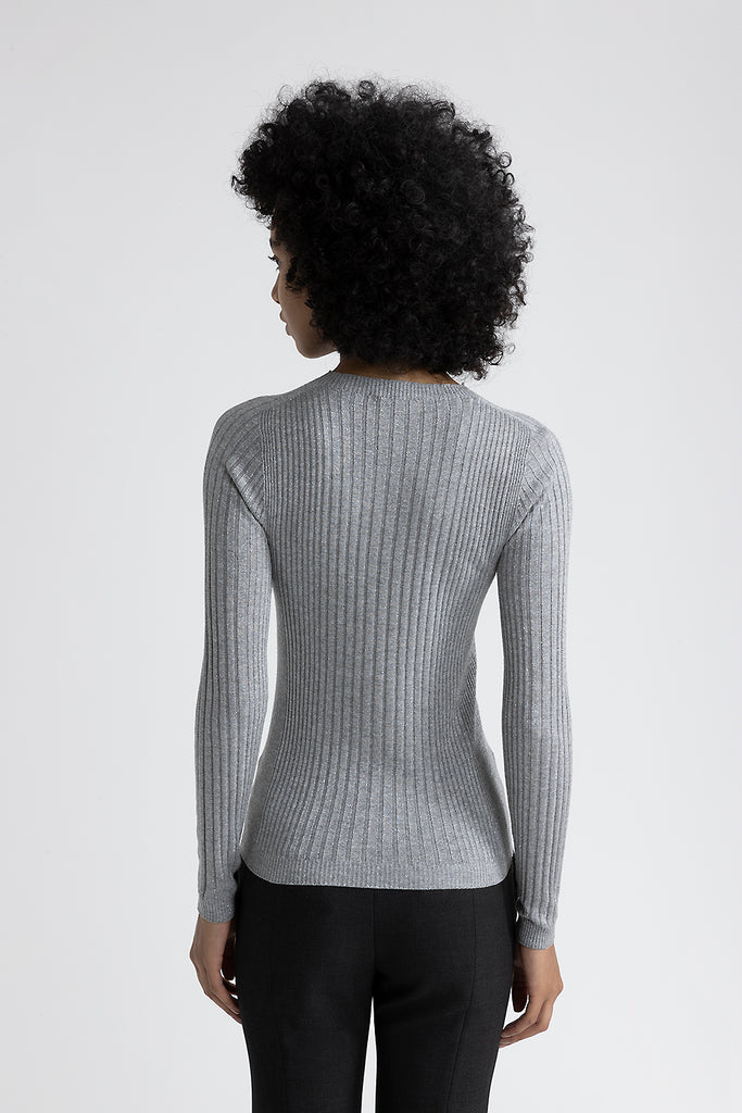 Ribbed high neck sweater in viscose yarn and Lurex  