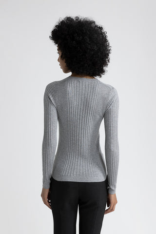 Ribbed high neck sweater in viscose yarn and Lurex  