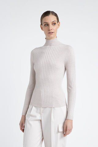 Ribbed high neck sweater in viscose yarn and Lurex  