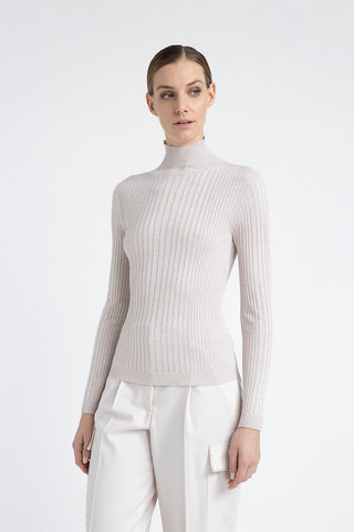 Ribbed high neck sweater in viscose yarn and Lurex  