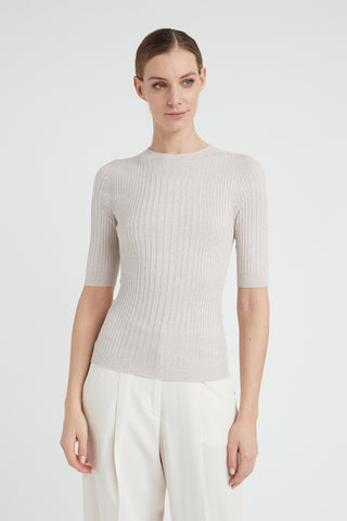 Ribbed short-sleeved sweater in viscose yarn and Lurex  