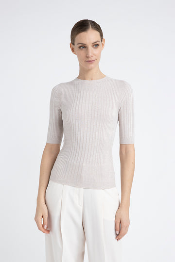 Ribbed short-sleeved sweater in viscose yarn and Lurex  