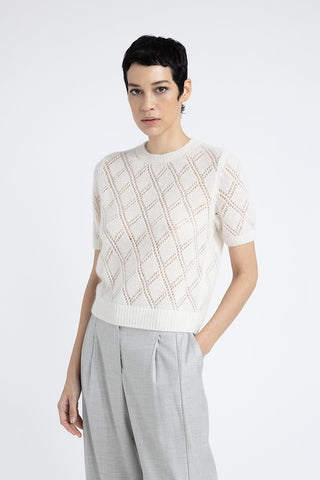 Merino wool and alpaca lace pattern short-sleeved sweater  