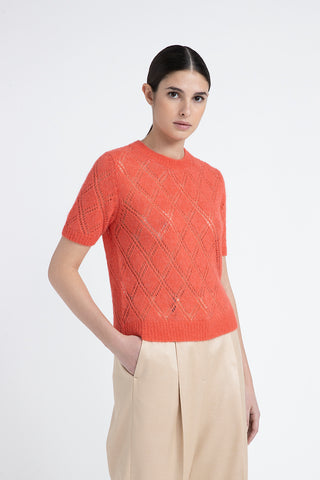 Merino wool and alpaca lace pattern short-sleeved sweater  