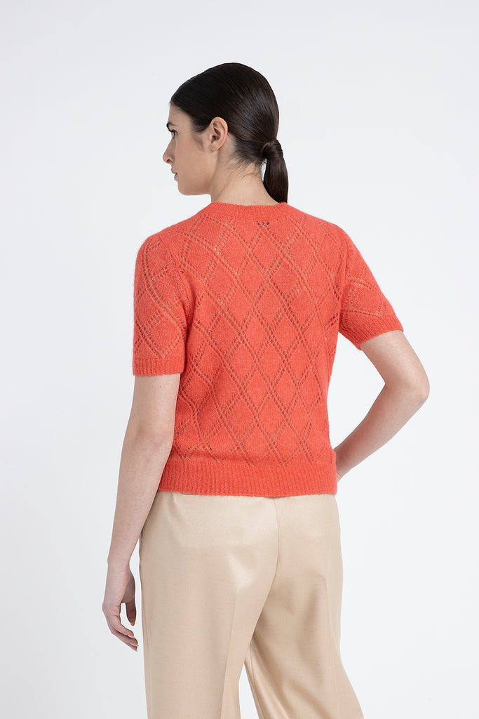 Merino wool and alpaca lace pattern short-sleeved sweater  