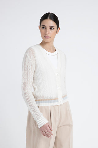 Merino wool, alpaca and Lurex cardigan with plaited stitch crew neck  