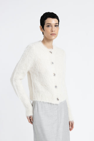 Buttoned round neck cardigan in alpaca wool and merino  