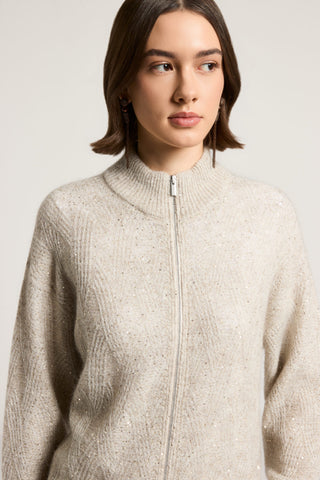 Bouclé zip-up sweater with micro-sequins
