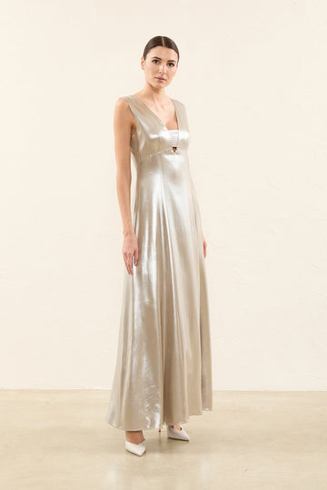 Long dress in silver laminated twill  