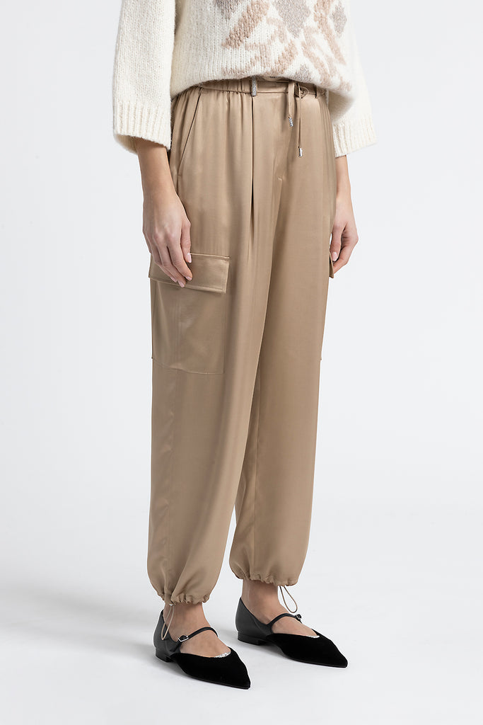 Viscose satin baggy cargo trousers  