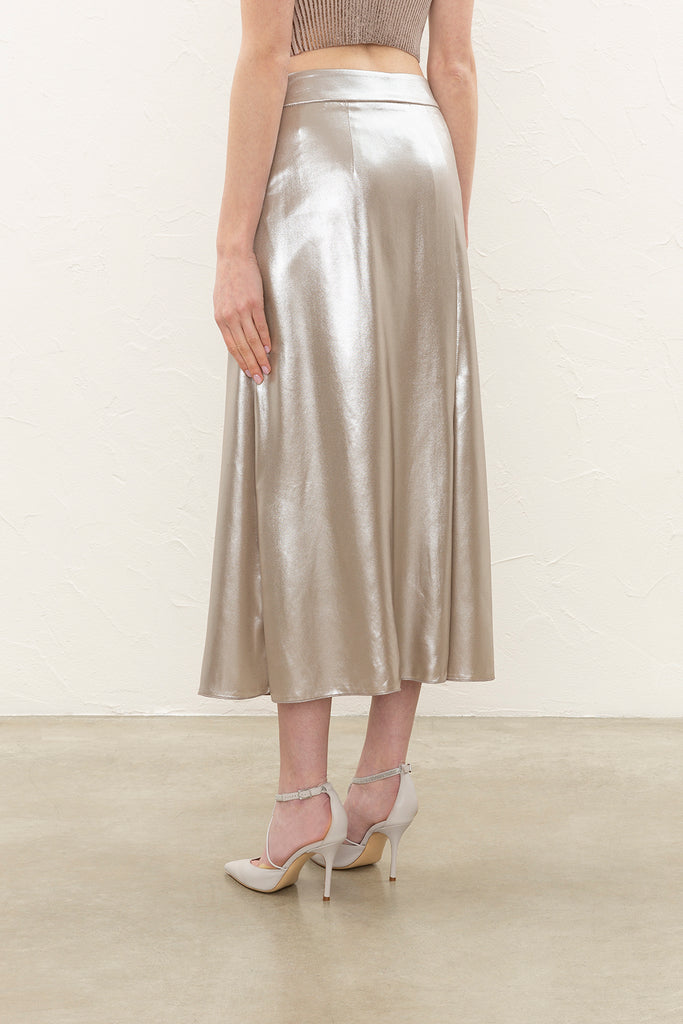 Silver laminated twill long skirt  