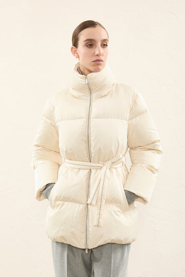 Showerproof duchesse satin puffer coat  