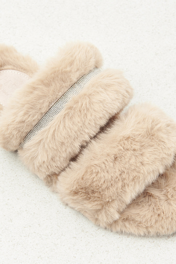 Eco-fur and suede flat sandal  