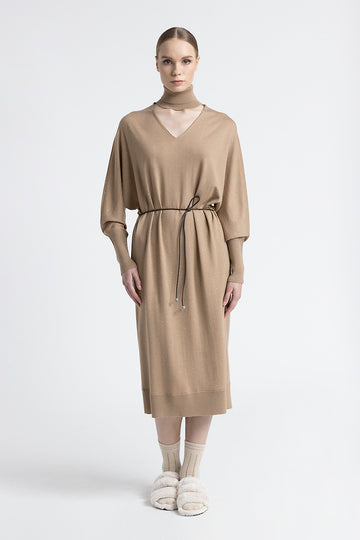 Wool and viscose belted midi dress  