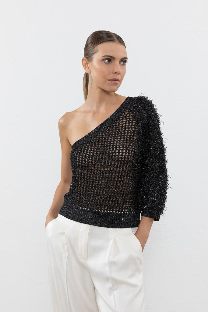 Linen lurex slub yarn mesh one shoulder sweater  