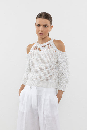 Linen lurex slub yarn mesh sweater  