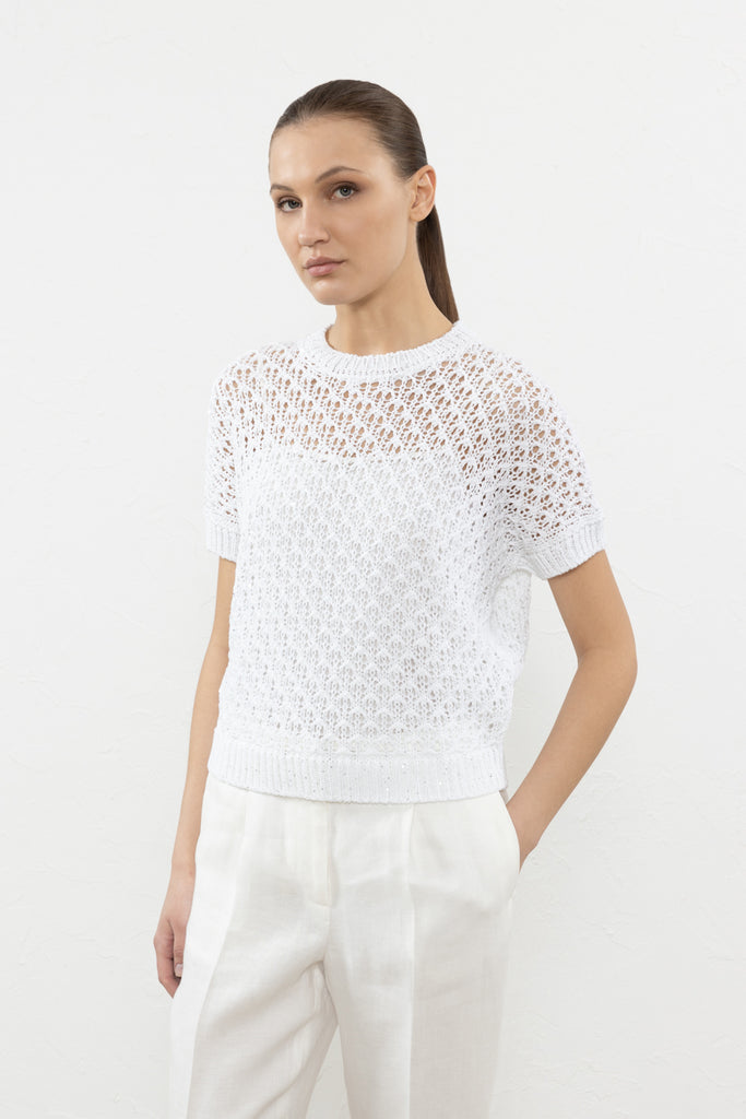 Lace stitch cotton and sequins sweater  