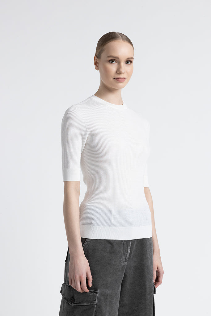 Pure new wool ribbed short sleeve sweater  