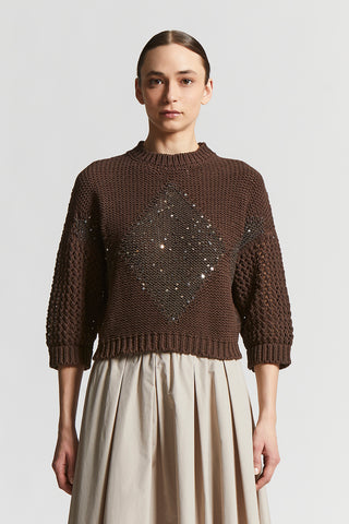 Cotton cordonnetto jacquard sweater with sequins