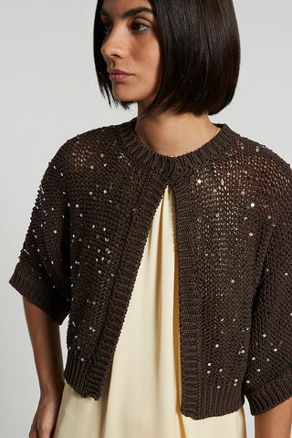 Cotton ribbon cardigan with maxi sequins