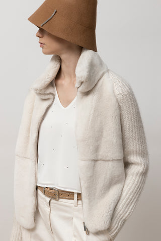 Knitted high neck jacket with fur trim  