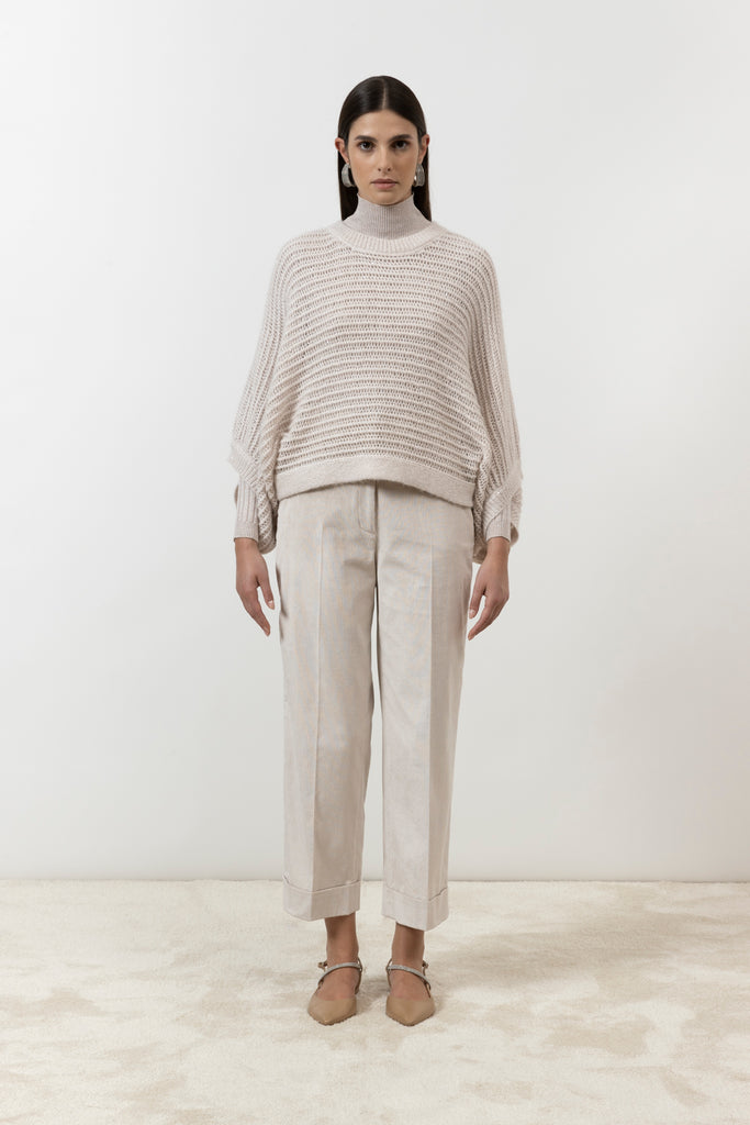 Ribbed high neck sweater in viscose yarn and Lurex  