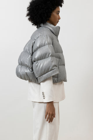 Short down jacket in laminated viscose blend flannel  