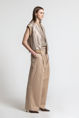 Pantalone a palazzo con pieghe in gabardina di cotone
