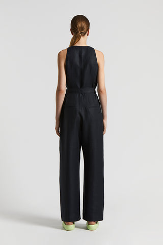 Plain-coloured pure linen gabardine jumpsuit