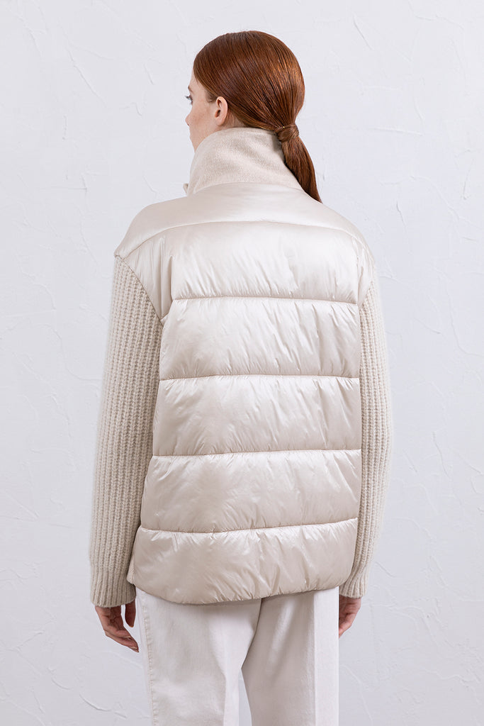 Wool cloth, knit fabric and nylon padded jacket  