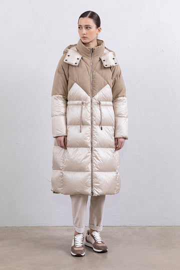 Dual-fabric long puffer coat  
