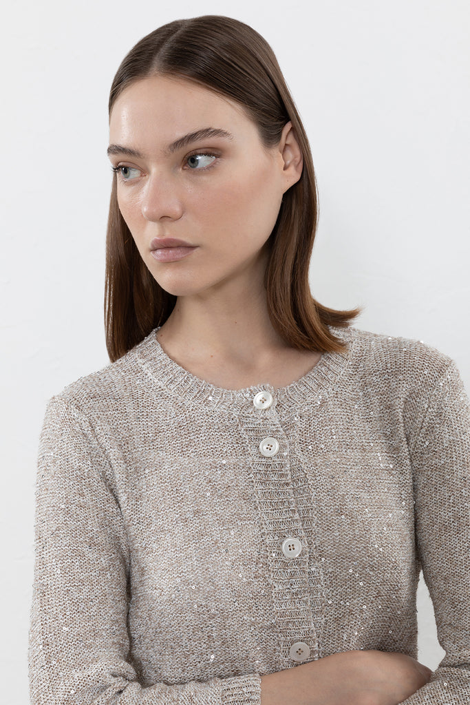 Sweater in linen, viscose and tencel blend yarn with sequins  