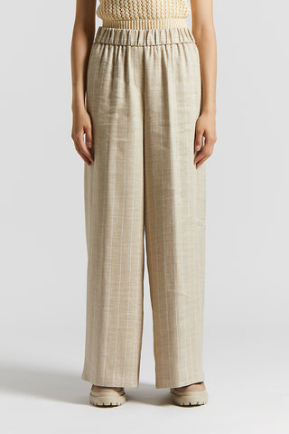 Pinstriped technical linen trousers with elasticated waist