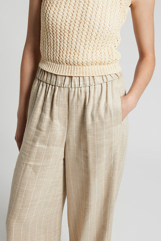 Pinstriped technical linen trousers with elasticated waist